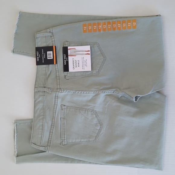 NWT Nine West Gramercy Skinny Ankle Jeans 12 Sea Grass Green Frayed Hem Twill - Picture 7 of 16